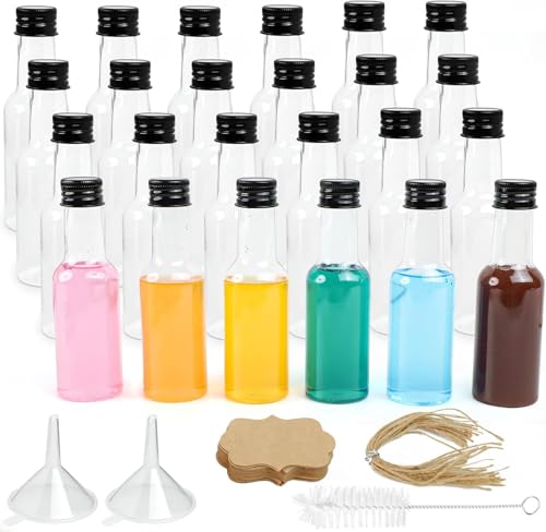 Mini Fläschchen Kunststoff Likörflaschen 24 Stück, 50ml Plastik Kleine Flaschen zum Befüllen, Wiederverwendbar, leere kleine Schnapsflaschen mit Schwarzem Deckel u. Trichter für Saft/Likör/Whiskey von ROTKUSZ