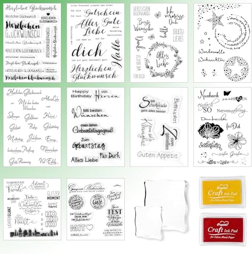 Transparente Silikonstempel, 10 Stück Silikonstempel Set, Stempelkissen in 2 Farben und 2 Stempelblock aus Acryl, für Scrapbooking Tagebuch Karten Geburtstag (Deutsch) von ROTKUSZ
