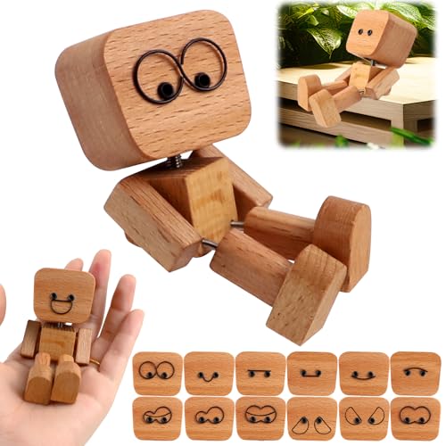 Wackelnde Holzfigur, Schüttelnde Holzmann Figur mit 12 Magnetischen Ausdrücken Schwingt, Lustige Wackelkopf Autodekoration, Wackelfigur Auto, Auto Zubehör Innenraum, für Armaturenbrett Dekoration von ROTKUSZ