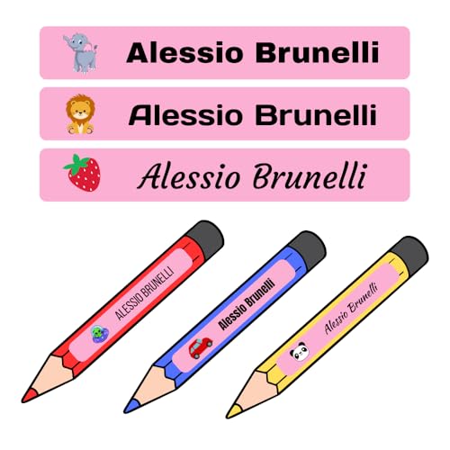 Personalisierte Aufkleber Etiketten für Stifte, Bleistifte, Marker mit Namen, wasserdichte Aufkleber für Schule, Schulaufkleber (Rosa) von RP Grafica
