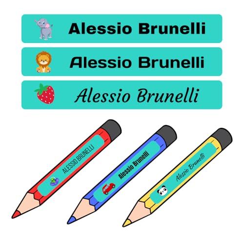 Personalisierte Aufkleber Etiketten für Stifte, Bleistifte, Marker mit Namen, wasserdichte Aufkleber für Schule, Schulaufkleber (Türkis) von RP Grafica