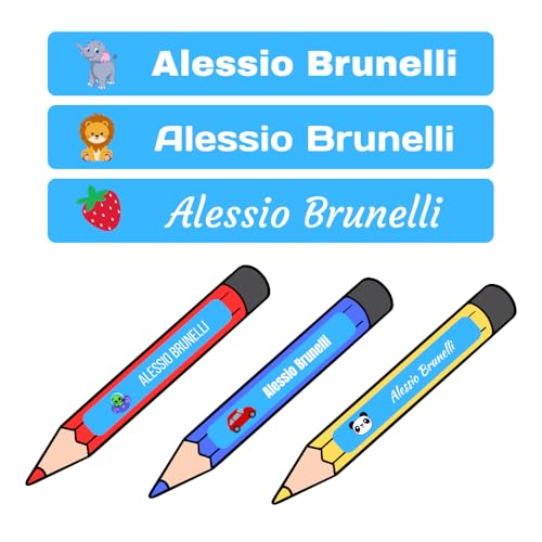 Personalisierte Aufkleber Etiketten für Stifte, Bleistifte, Marker mit Namen, wasserdichte Aufkleber für die Schule, Schulaufkleber (Hellblau) von RP Grafica