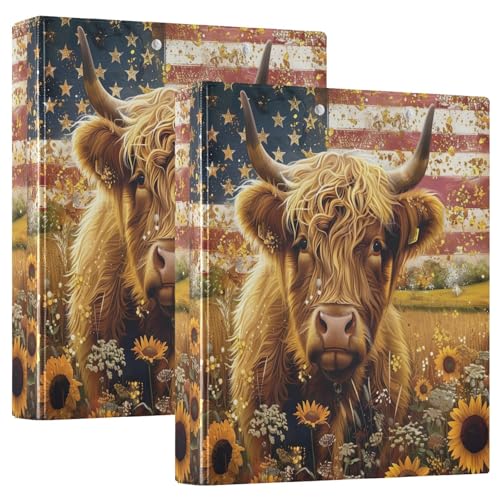 3-Ringbuch, Highland Cow USA-Flagge, Retro-D-Ringbuch mit Klemmbrett, große 3-Ringbücher für Schule, Uni, Büro, 2 Stück von RPLIFE