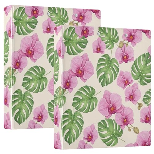 3-Ringbuch mit 3 Ringen, rosa lila Orchideen, grüne Blätter, 3,8 cm, D-Ringordner mit Taschen, dekorative Ordner für Schule, Uni oder Büro, 2 Stück von RPLIFE