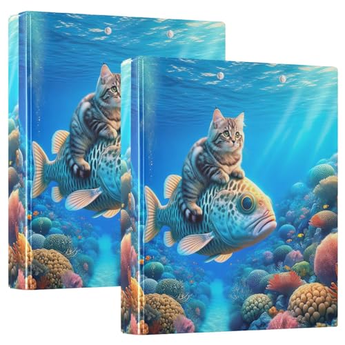 3-Ringbuch mit niedlichem Katzen-Motiv, blau, 3,8 cm, flexibler D-Ringordner mit Taschen, 3-Ringbücher für Schule, Uni, Büro (2 Stück) von RPLIFE