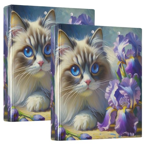 3-Ringbuch mit niedlicher Katze, violette Blumen, 3,8 cm, D-Ringbuch mit Taschen, dekorative Ordner für Schule, Uni oder Büro, 2 Stück von RPLIFE