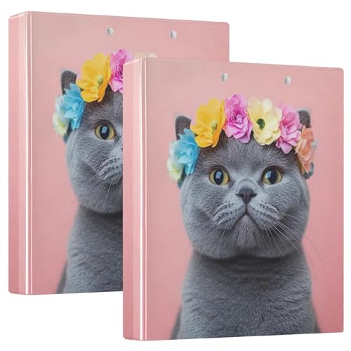 3-Ringbuch mit niedlicher grauer Katze, Blumenkrone, D-Ringbuch mit Klemmbrett, große 3 Ordner für Schule, Uni, Büro (2 Stück) von RPLIFE
