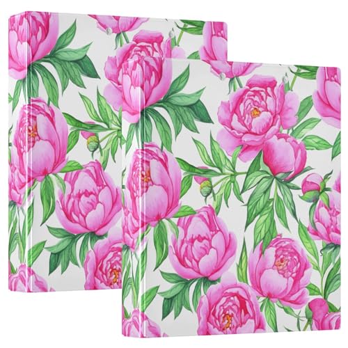 Aquarell-Ordner mit 3 Ringen, rosa Pfingstrosen, grüne Blätter, Weiß, 3,8 cm, flexible D-Ringbücher mit Taschen, 3 Ringbücher für Schule, Uni, Büro, 2 Stück von RPLIFE