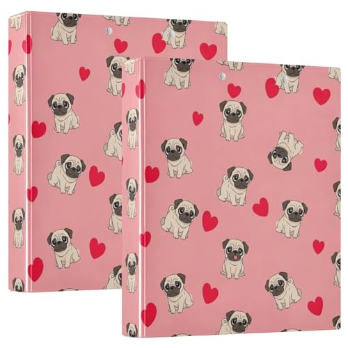 Bedrucktes 3-Ringbuch, 3,8 cm, D-Ringbuch mit Taschen, dekorative Ordner für Schule, Uni oder Büro, niedliche Cartoon-Mops, rote Herzen von RPLIFE