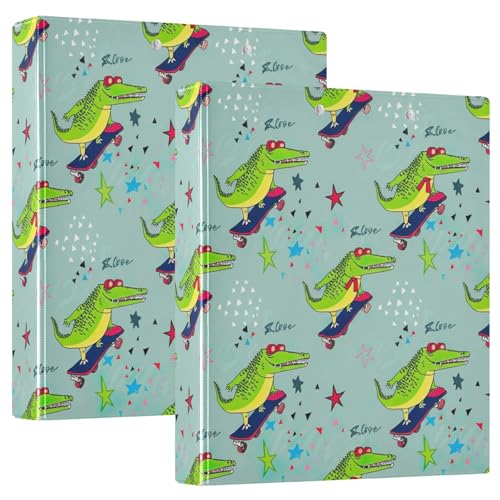 Bedrucktes 3-Ringbuch, 3,8 cm, D-Ringbuch mit Taschen, dekorative Ordner für Schule, Uni oder Büro, niedliche Krokodile, Skateboards, Grün von RPLIFE
