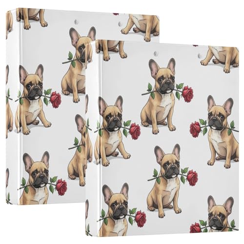 Bedrucktes 3-Ringbuch, D-Ringbuch mit Taschen, dekorative Ordner für Schule, College oder Büro, niedliche französische Bulldogge, rote Rose von RPLIFE