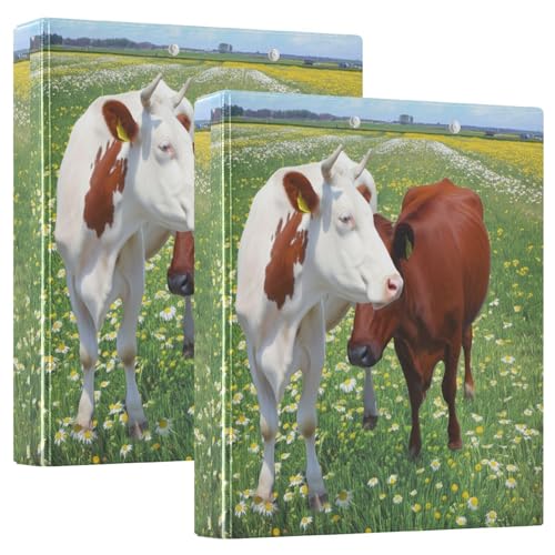 Bedrucktes 3-Ringbuch, D-Ringbuch mit Taschen, dekorative Ordner für Schule, Uni oder Büro, Kuh-Gänseblümchen von RPLIFE