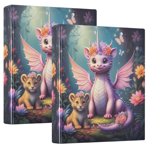 Bedrucktes 3-Ringbuch, D-Ringbuch mit Taschen, dekorative Ordner für Schule, Uni oder Büro, niedlicher Drache, rosa Einhorn von RPLIFE