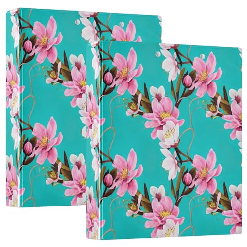 Bedrucktes 3-Ringbuch, D-Ringbuch mit Taschen, dekorative Ordner für Schule, Uni oder Büro, rosa Blüten Türkis von RPLIFE