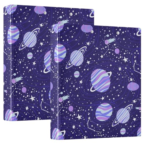 Bedrucktes 3-Ringbuch mit 3 Ringen, D-Ringbuch mit Taschen, dekorative Ordner für Schule, Uni oder Büro, niedliche Planeten, Sterne, Violett von RPLIFE