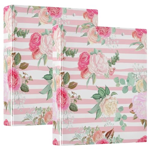 Bedrucktes 3-Ringbuch mit 3 Ringen, D-Ringbuch mit Taschen, dekorative Ordner für Schule, Uni oder Büro, weiß-rosa gestreifte Rosen von RPLIFE