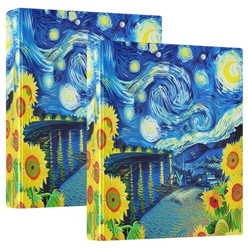 Bedrucktes Drei-Ringbuch, 3,8 cm, D-Ringbuch mit Taschen, dekorative Ordner für Schule, Uni oder Büro, Sonnenblumen, Sternennacht von RPLIFE