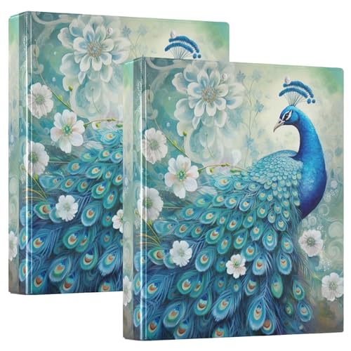 Blau lackierter Pfau, 3,8 cm, 3-Ringbuch, flexibler D-Ringordner mit Taschen, 3-Ringbücher für Schule, Uni, Büro (2 Stück) von RPLIFE