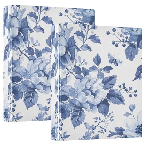 Blau-weißes Blumenmuster, 3,8 cm, 3-Ring-Ordner, flexible D-Ringbücher mit Taschen, 3-Ringbücher für Schule, Uni, Büro (2 Stück) von RPLIFE