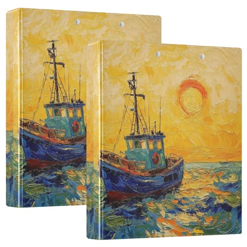 Boot Sonnenuntergang Ölgemälde Stil 3-Ringbuch, flexibler D-Ringordner mit Taschen, 3-Ringbücher für Schule, Uni, Büro (2 Stück) von RPLIFE