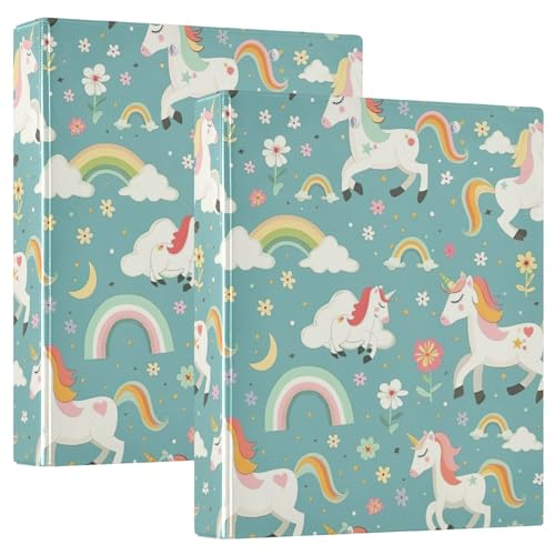 Cartoon-Einhörner, Regenbögen, Blumen, Grün, Drei-Ringbuch, flexible D-Ringbücher mit Taschen, 3-Ringbücher für Schule, Uni, Büro (2 Stück) von RPLIFE