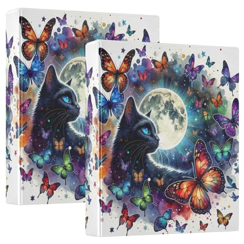 Cat Butterflies Moon 3-Ringbuch, flexible D-Ringbücher mit Taschen, 3-Ringbücher für Schule, Uni, Büro von RPLIFE