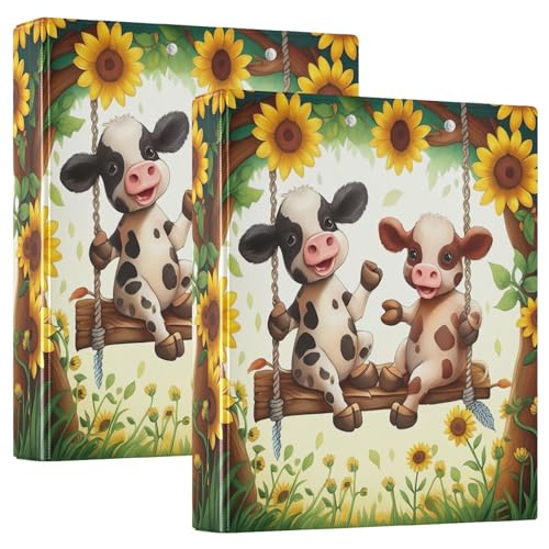 Cute Cows Swing Sunflowers 3-Ring-Ordner, flexibler D-Ringordner mit Taschen, 3-Ringbücher für Schule, Uni, Büro (2er-Pack) von RPLIFE