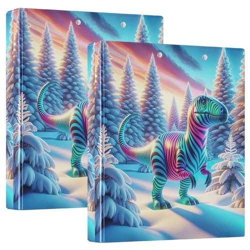 Dinosaurier-Streifen, verschneiter Winterwald, 3-Ringbuch, D-Ringbuch mit Taschen, dekorative Ordner für Schule, Uni oder Büro (2 Stück) von RPLIFE