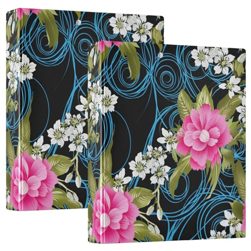 Drei-Ringbuch, lebendige rosa Blumen, schwarz, D-Ringordner mit Klemmbrett, große 3 Ordner für Schule, Uni, Büro von RPLIFE