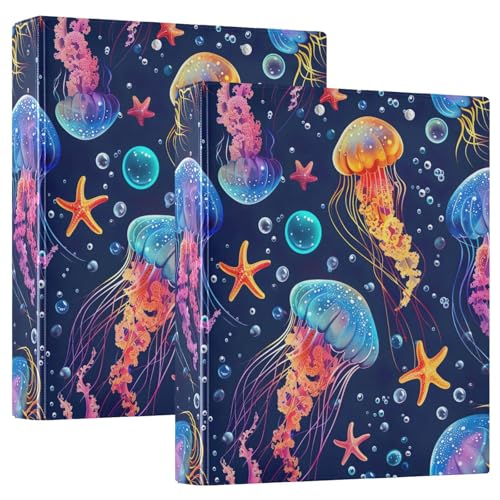 Drei-Ringbuch mit bunten Quallen, Seestern, Blau, flexibler D-Ringordner mit Taschen, 3-Ringbücher für Schule, Uni, Büro (2 Stück) von RPLIFE