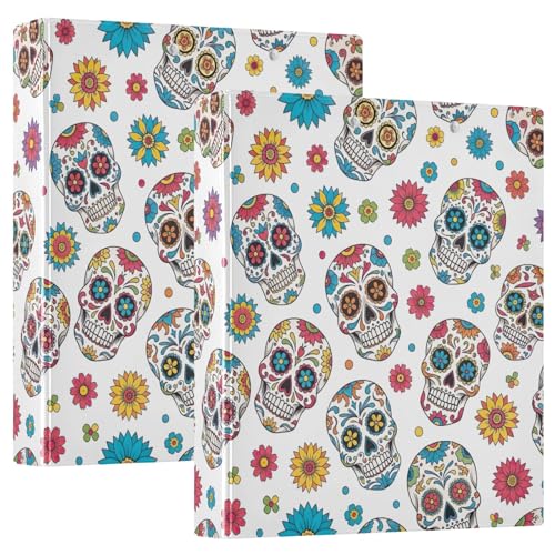 Dreiringbuch mit bunten Totenköpfen und Blumenmuster, 3,8 cm, D-Ringbuch mit Klemmbrett, 3 große Ordner für Schule, Uni, Büro, 2 Stück Dreiringbuch mit bunten Totenköpfen und Blumenmuster, 3,8 cm, D-Ringbuch mit Klemmbrett, 3 große Ordner für Schule, Uni, Büro, 2 Stück von RPLIFE