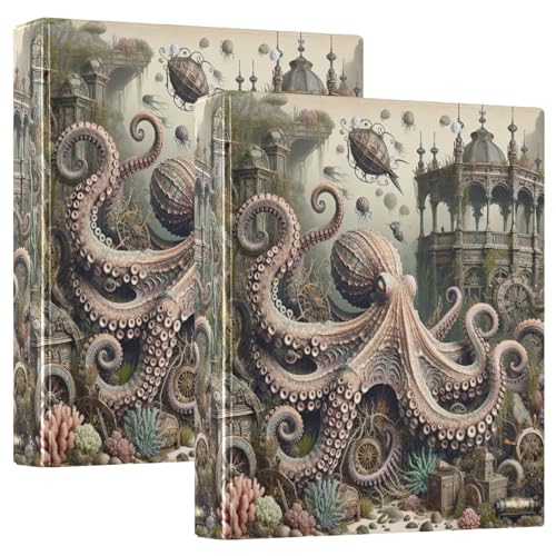 Fantasy Vintage Octopus Drei-Ringbuch, flexibler D-Ringordner mit Taschen, 3-Ringbücher für Schule, Uni, Büro (2 Stück) von RPLIFE