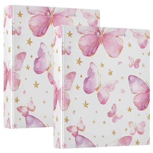 Golden Stars Pink Butterflies 3-Ringbuch, flexibler D-Ringordner mit Taschen, 3-Ringbücher für Schule, Uni, Büro (2 Stück) von RPLIFE