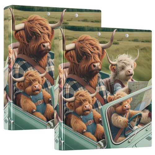 Highland Cattle Family Driving Car 3-Ringbuch, Flexibler D-Ringordner mit Taschen, 3-Ringbücher für Schule, Uni, Büro von RPLIFE