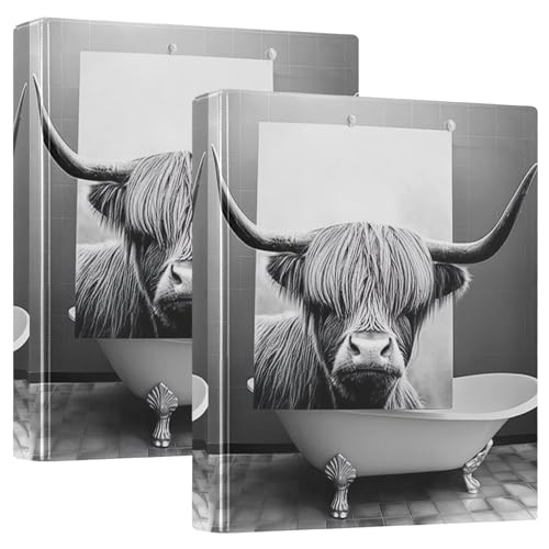 Highland Cow Bathtub Gray 3-Ringbuch 3,8 cm, flexibler D-Ringordner mit Taschen, 3-Ringbücher für Schule, Uni, Büro von RPLIFE