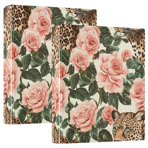 Leopards Vintage Rose Flowers Beige 3-Ringbuch, D-Ringbuch mit Klemmbrett, große 3 Ordner für Schule, Uni, Büro (2 Stück) von RPLIFE