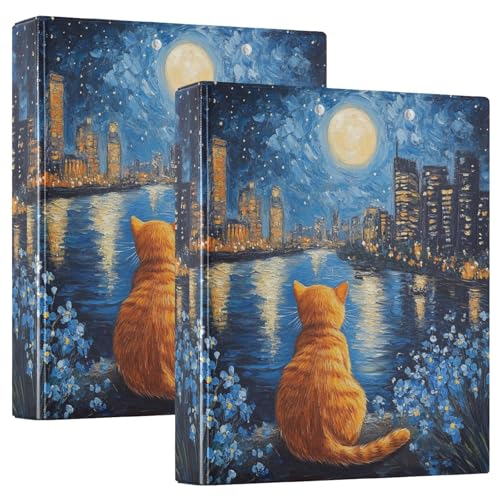 Niedliche orangefarbene Katze Sternennacht 3,8 cm 3-Ringbuch, flexibler D-Ringordner mit Taschen, 3-Ringbücher für Schule, Uni, Büro von RPLIFE