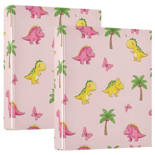 Niedliche rosa-gelbe Dinosaurier-3-Ringbuch, D-Ringbücher mit Taschen, dekorative Ordner für Schule, Uni oder Büro (2 Stück) von RPLIFE