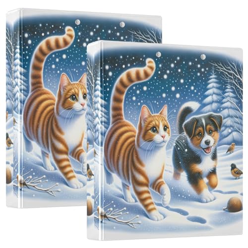 Niedlicher 3-Ringordner für den Winter, Hund und Katze, flexible D-Ringbücher mit Taschen, 3-Ringbücher für Schule, Uni, Büro (2 Stück) von RPLIFE