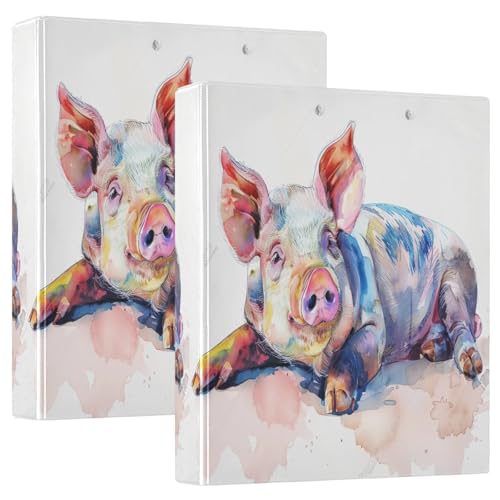 Niedliches Aquarell-Schweinchen, lustiges Drei-Ringbuch, flexibler D-Ringordner mit Taschen, 3-Ringbücher für Schule, Uni, Büro (2 Stück) von RPLIFE