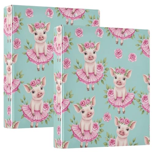 Niedliches Aquarell-Schweine-Blumenkronen-Drei-Ringbuch, flexible D-Ringbücher mit Taschen, 3-Ringbücher für Schule, Uni, Büro (2 Stück) von RPLIFE