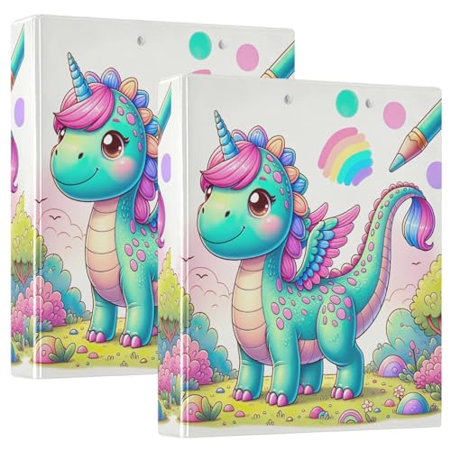 Niedliches Cartoon-Dinosaurier-Einhorn, 3,8 cm, 3-Ringbuch, D-Ringbuch mit Taschen, dekorative Ordner für Schule, Uni oder Büro (2 Stück) von RPLIFE