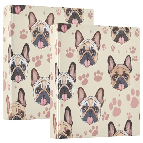 Niedliches Cartoon-Drei-Ringbuch, französische Bulldoggen, cremefarben, flexibler D-Ringordner mit Taschen, 3-Ringbücher für Schule, Uni, Büro (2 Stück) von RPLIFE