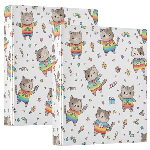 Niedliches Cartoon-Katzen-Regenbogen-Ringbuch, D-Ringbuch mit Taschen, dekorative Ordner für Schule, Uni oder Büro (2 Stück) von RPLIFE