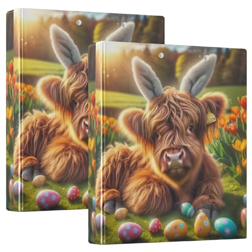 Niedliches Oster-Highland-Kuh mit Hasenohren, 3,8 cm, 3-Ringbuch, flexible D-Ringbücher mit Taschen, 3-Ringbücher für Schule, Uni, Büro (2 Stück) von RPLIFE