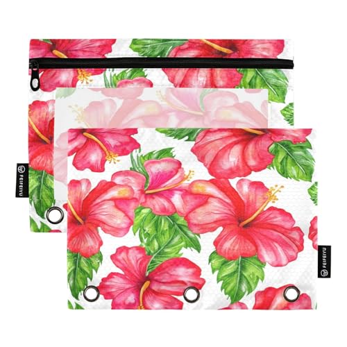 RPLIFE Ringbuchmappe mit 3 Löchern, rote Hibiskusblumen, Weiß, 2 Stück, für Kinder, Schule, transparente 3-Ringbuch-Tasche für Jungen und Mädchen, 24,9 x 17,8 cm (Einheitsgröße x 2) von RPLIFE