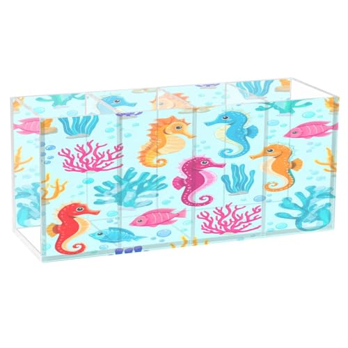 RPLIFE Transparenter Acryl-Bleistifthalter für Schreibtisch, Make-up-Pinsel-Organizer, Schreibtisch-Bleistift-Becherhalter, 4 Fächer für Büro-Schreibtisch-Zubehör, niedliche Seepferdchen-Koralle von RPLIFE