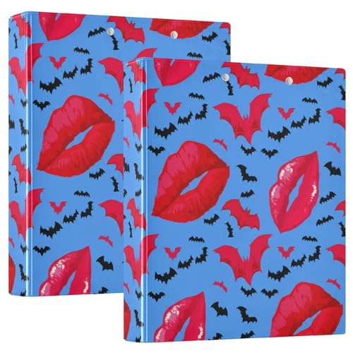 Red Lips Black Bats Blue 3-Ringbuch, D-Ringbücher mit Taschen, dekorative Ordner für Schule, Uni oder Büro, 2 Stück von RPLIFE
