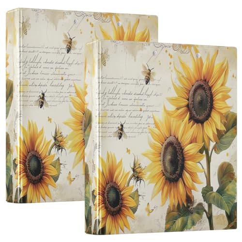 Retro Sonnenblumen Bienen 3-Ringbuch, flexibler D-Ringordner mit Taschen, 3-Ringbücher für Schule, Uni, Büro (2 Stück) von RPLIFE