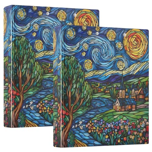 Ringbuch mit 3 Ringen, Dorf-Sternennacht-Stil, D-Ringbücher mit Klemmbrett, große 3-Ringbücher für Schule, Uni, Büro, 2 Stück Ringbuch mit 3 Ringen, Dorf-Sternennacht-Stil, D-Ringbücher mit Klemmbrett, große 3-Ringbücher für Schule, Uni, Büro, 2 Stück von RPLIFE